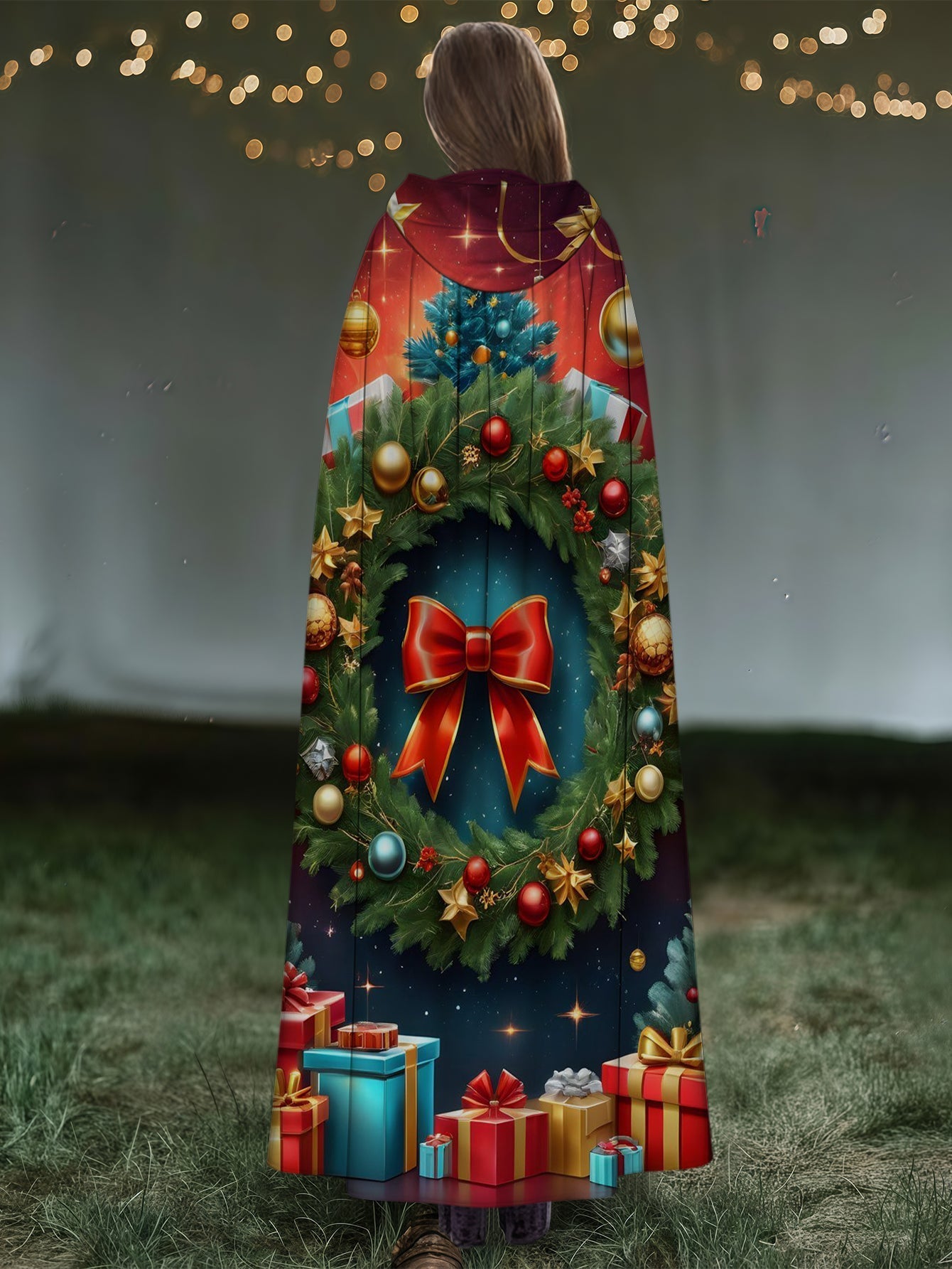 Christmas Bell Print Casual Hooded Cape