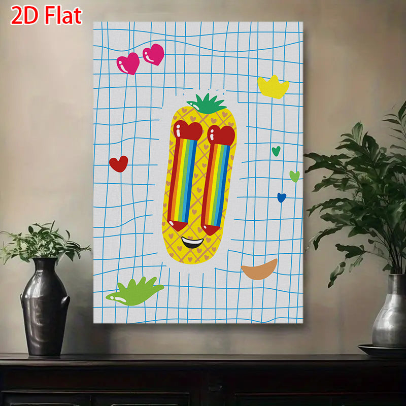 olorful Heart & Pineapple Canvas Print - 2D Flat Funny Room Decor for Kids’ Room/Living Room Wall