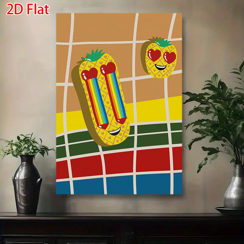 2D Flat Cute Pineapple Canvas Wall Art - Rainbow Heart Eye Cartoon Decor for Bedroom/Living Room