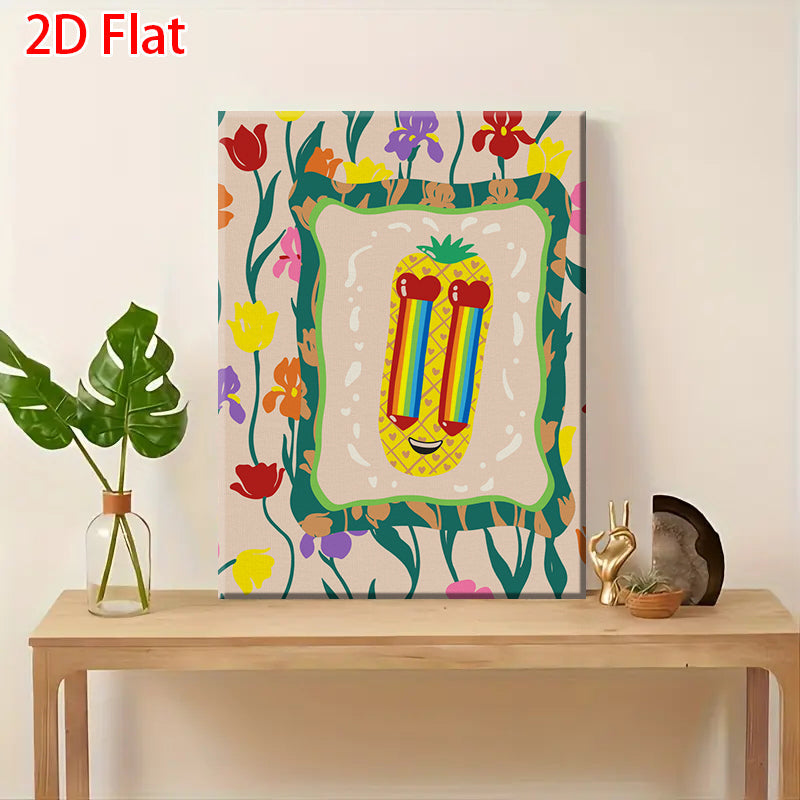 2D Rainbow Pineapple Smiley Face Floral Decorative Painting