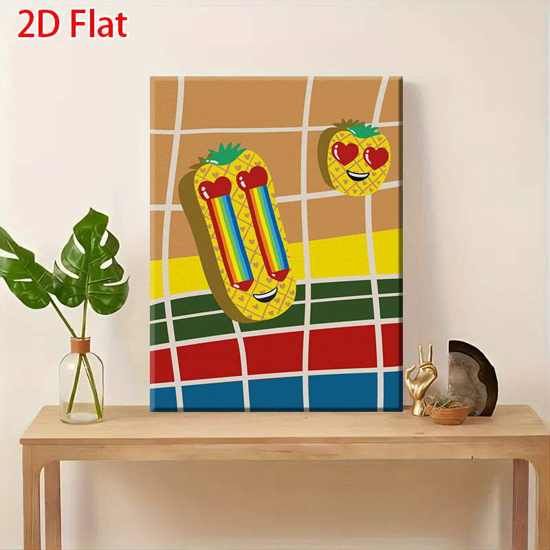 2D Flat Cute Pineapple Canvas Wall Art - Rainbow Heart Eye Cartoon Decor for Bedroom/Living Room
