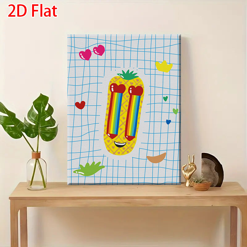 olorful Heart & Pineapple Canvas Print - 2D Flat Funny Room Decor for Kids’ Room/Living Room Wall