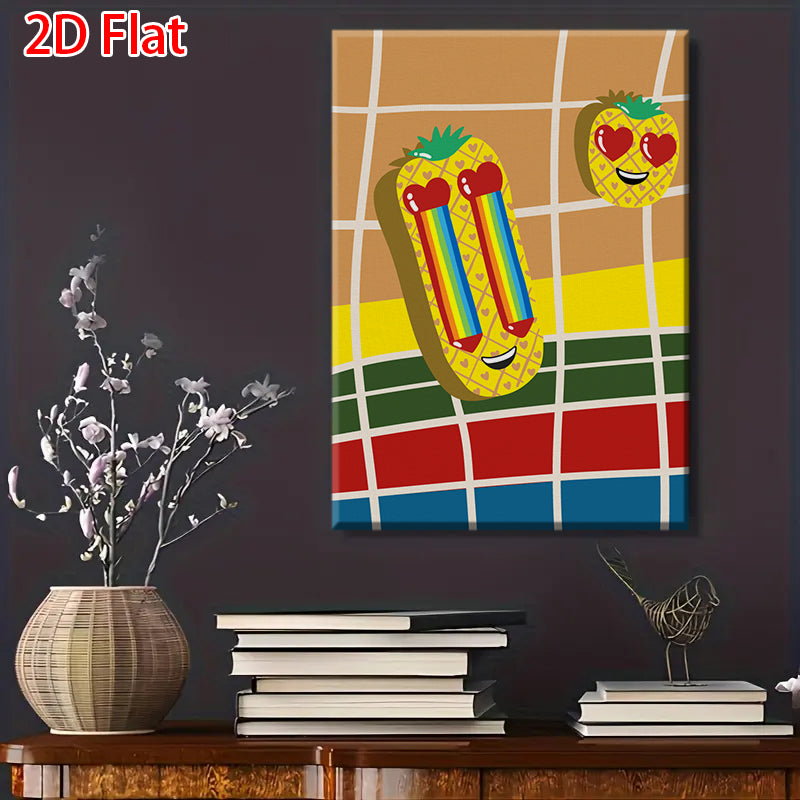 2D Flat Cute Pineapple Canvas Wall Art - Rainbow Heart Eye Cartoon Decor for Bedroom/Living Room