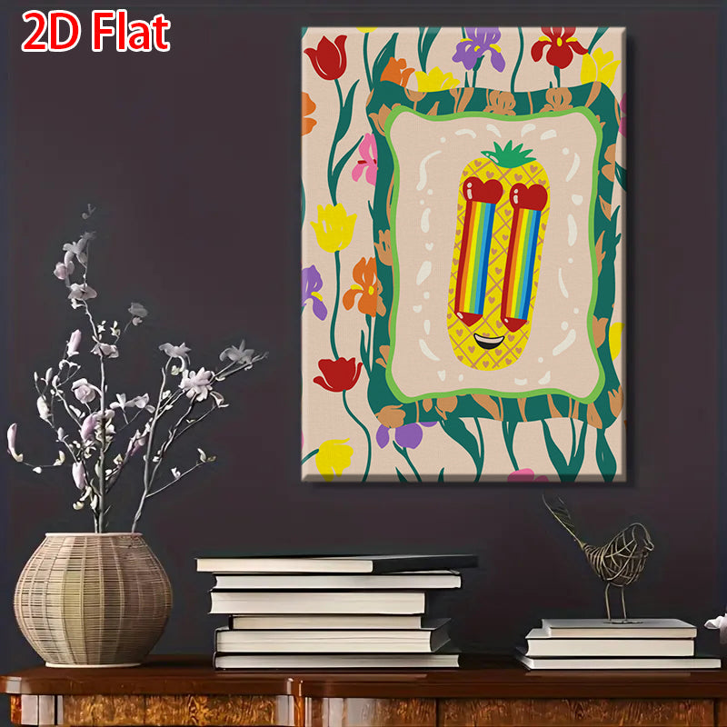 2D Rainbow Pineapple Smiley Face Floral Decorative Painting