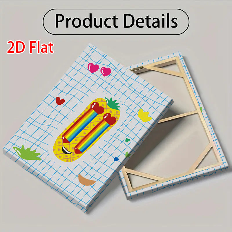 olorful Heart & Pineapple Canvas Print - 2D Flat Funny Room Decor for Kids’ Room/Living Room Wall