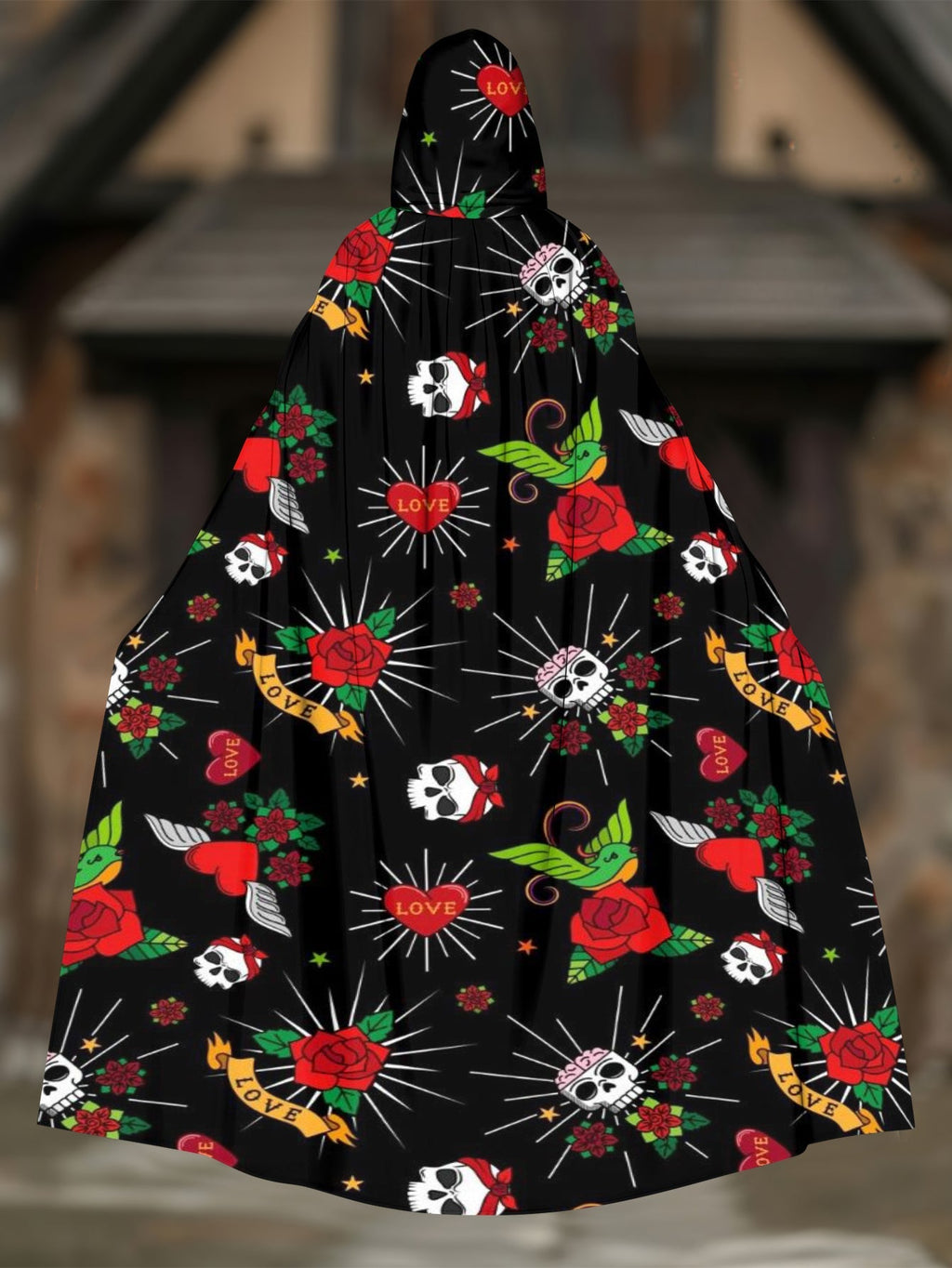 Love Rose Skull Print Hooded Cape