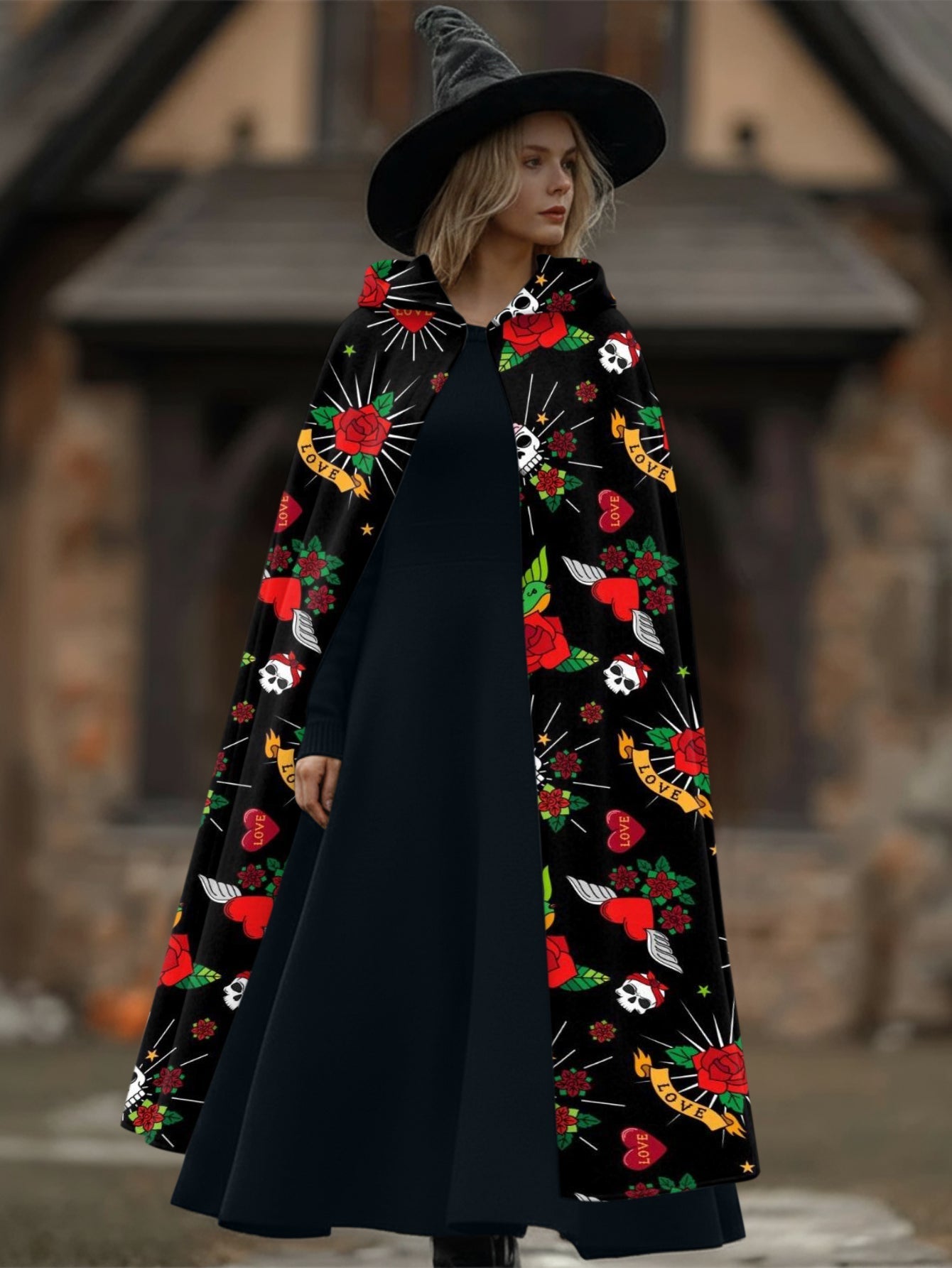 Love Rose Skull Print Hooded Cape