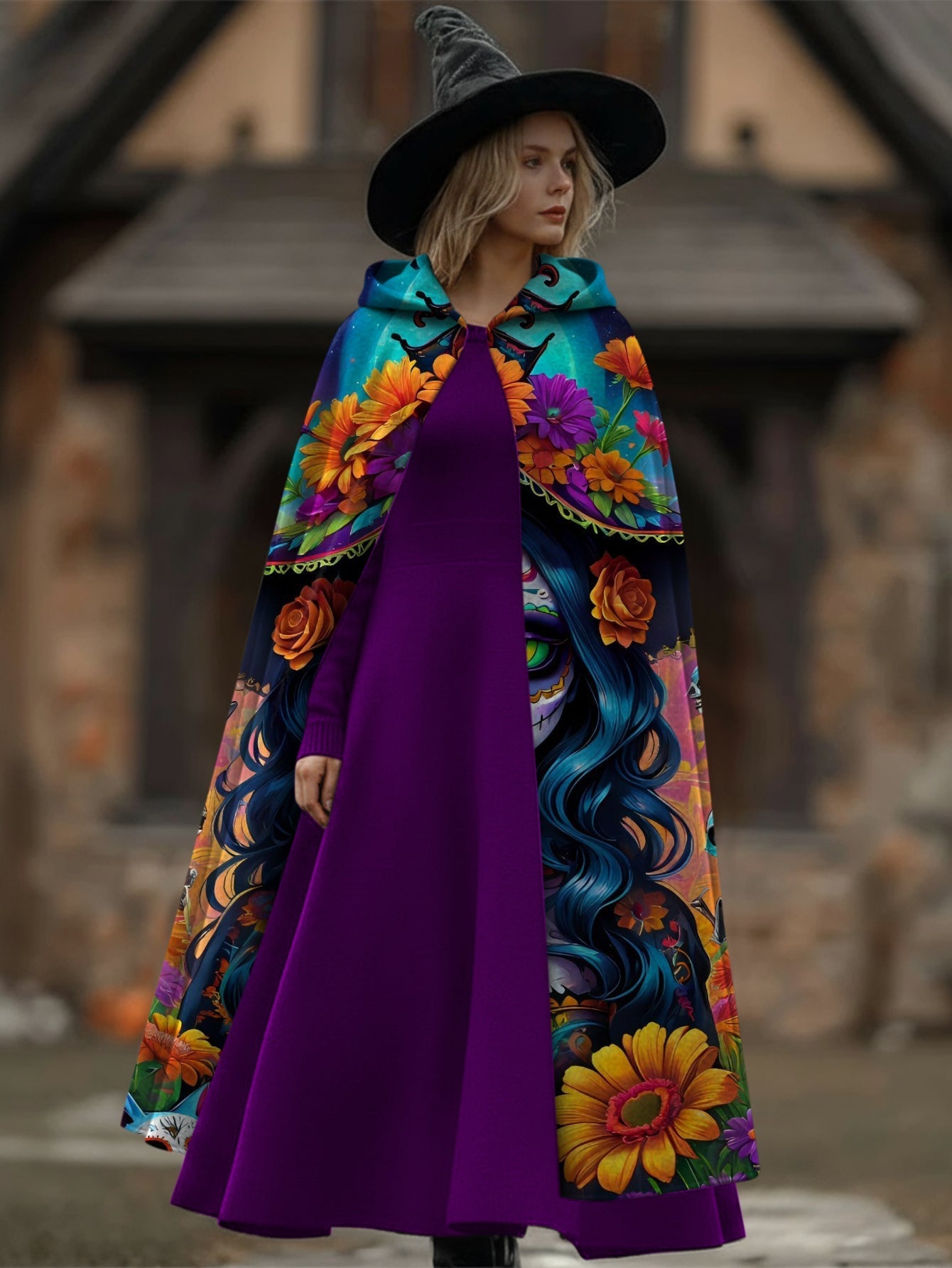 Fun Skull Girl Print Hooded Cape