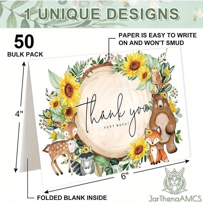 50pxs Sunflower Thank You Cards