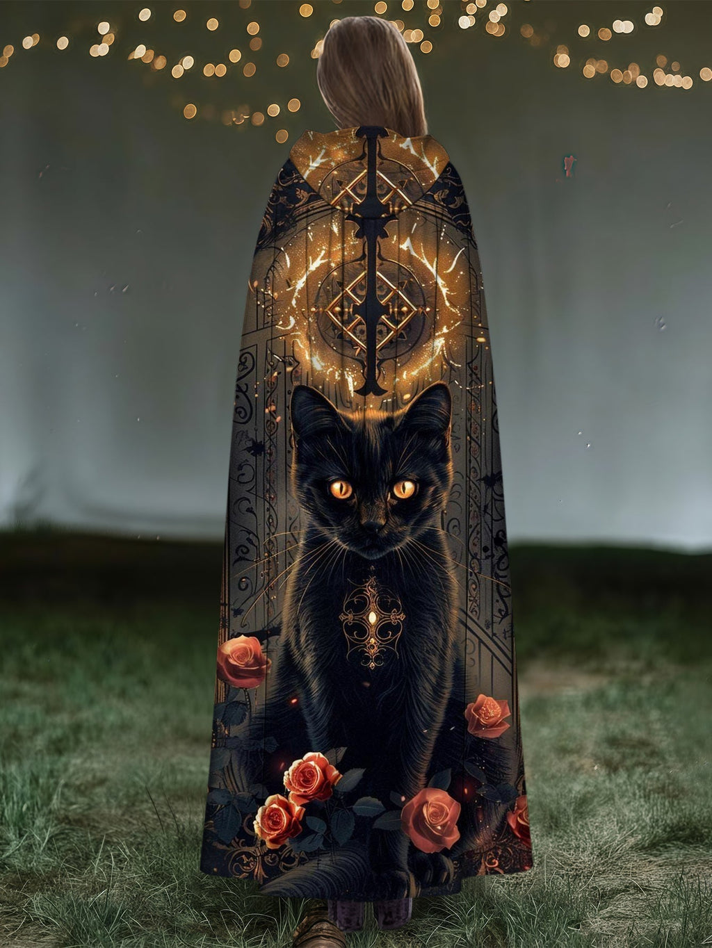 Mysterious Cat Floral Print Cape