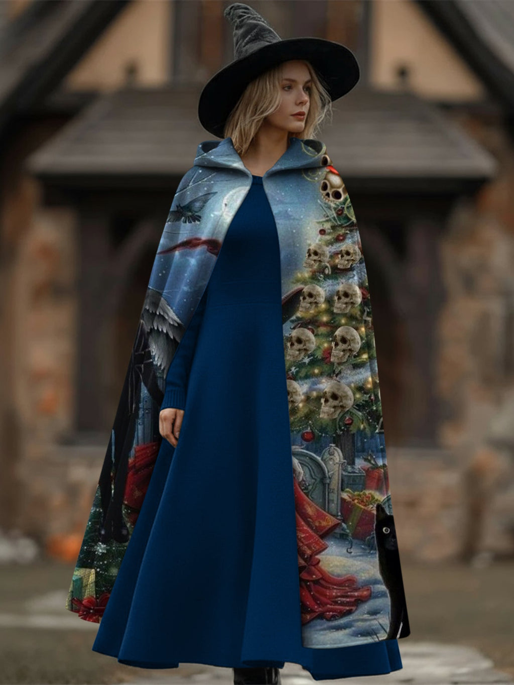 Fun Christmas Print Casual Hooded Cape