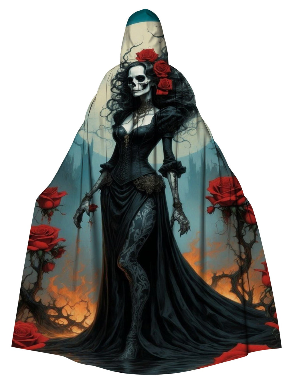 Skull Rose Girl Print Hooded Cape Cloak