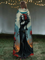 Skull Rose Girl Print Hooded Cape Cloak