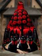 Cat and floral print hooded cloak