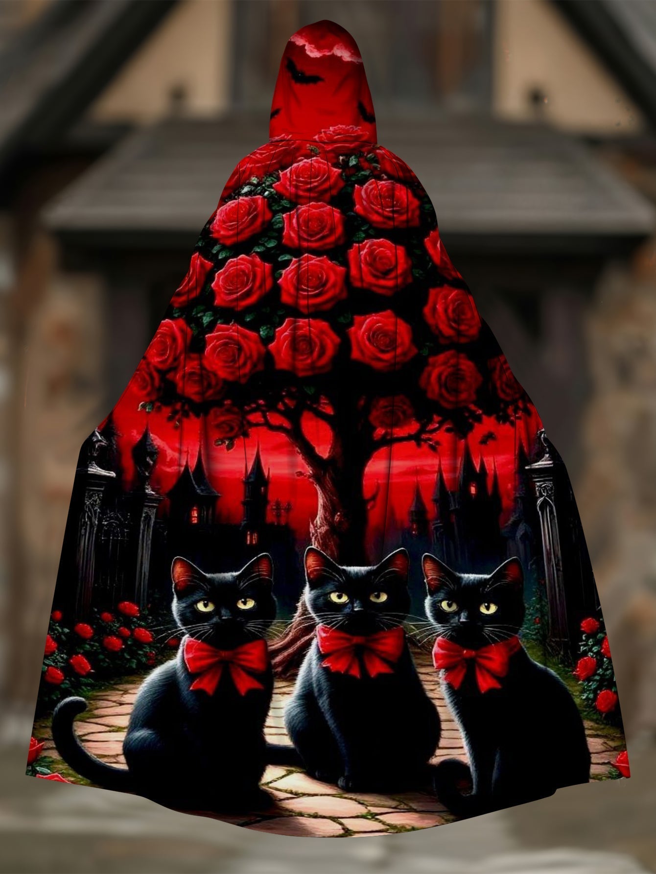 Cat and floral print hooded cloak