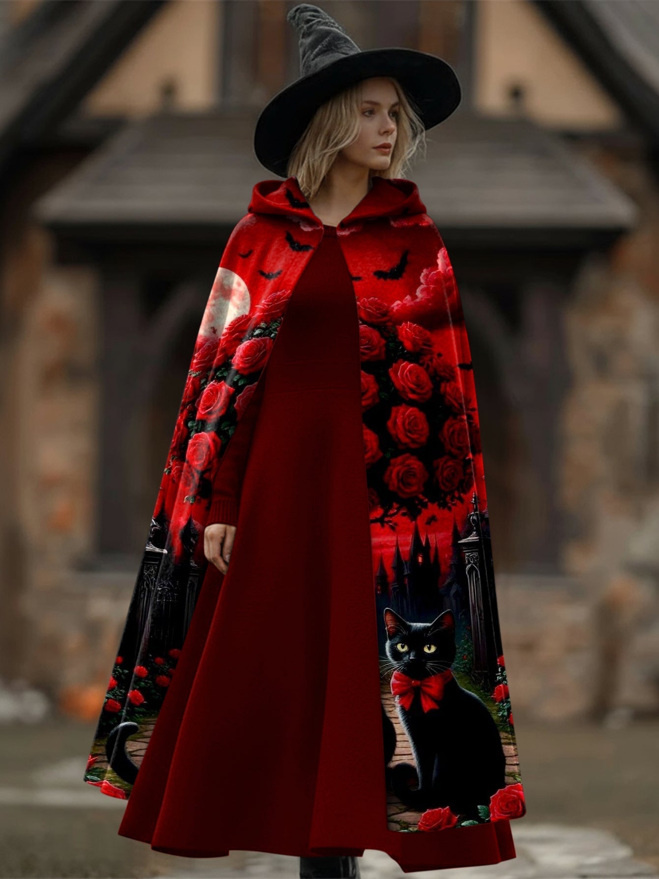 Cat and floral print hooded cloak