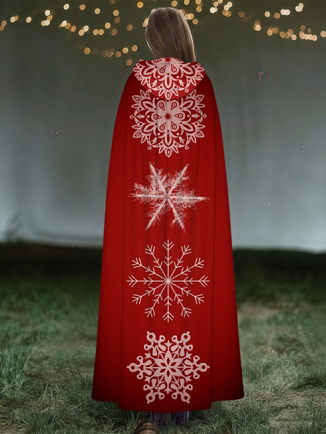 Hooded Loose Snowflake Print Casual  Cape