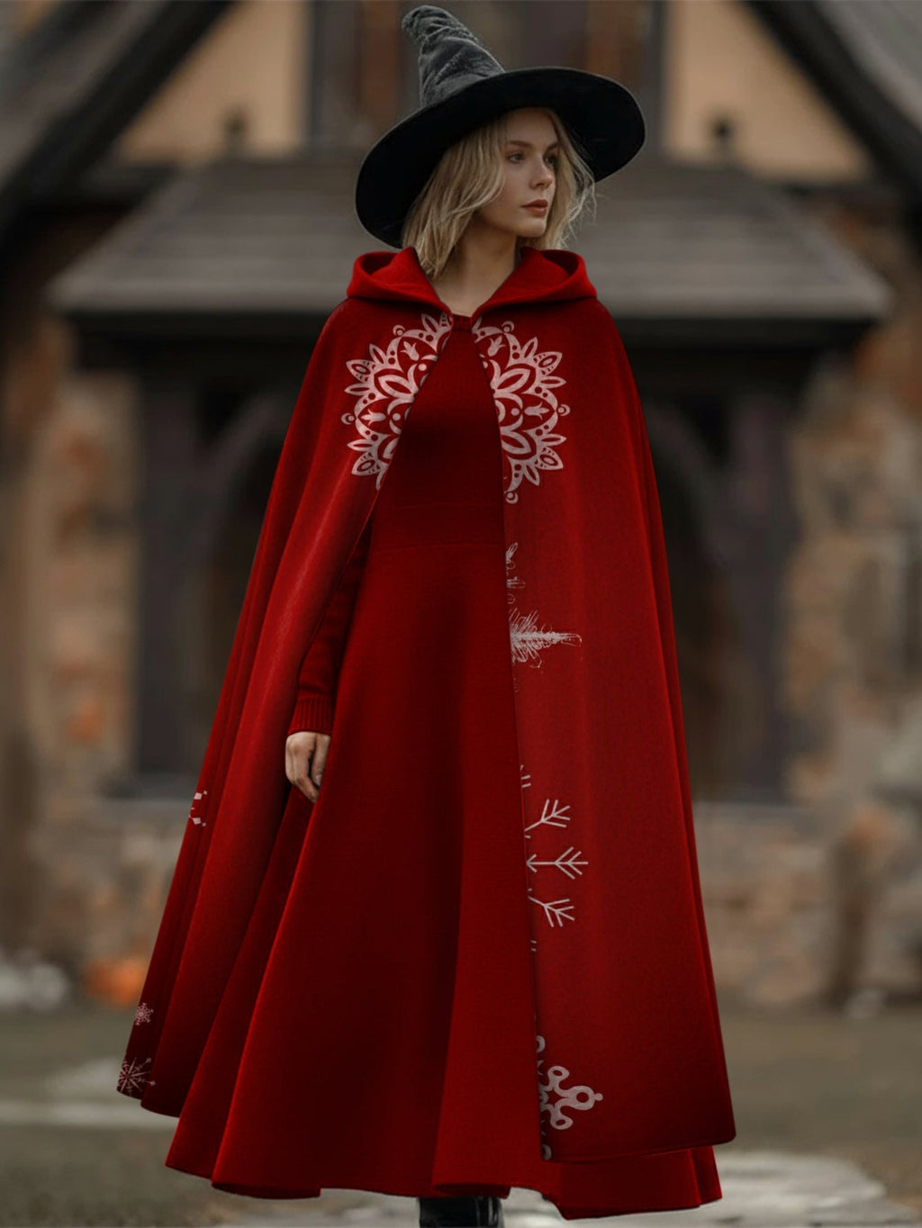 Hooded Loose Snowflake Print Casual  Cape