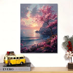 Sunset Seascape with Pink Cherry Blossoms