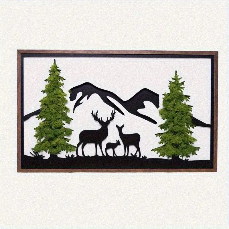 SENBOWE Deer Metal Wall Art With Moss Pine Trees