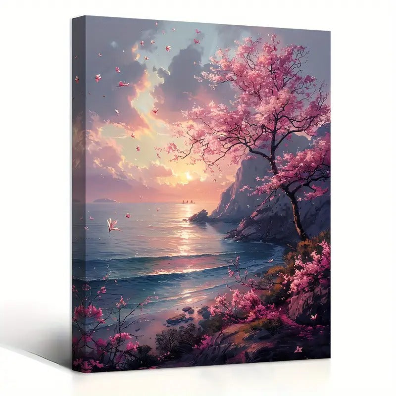 Sunset Seascape with Pink Cherry Blossoms