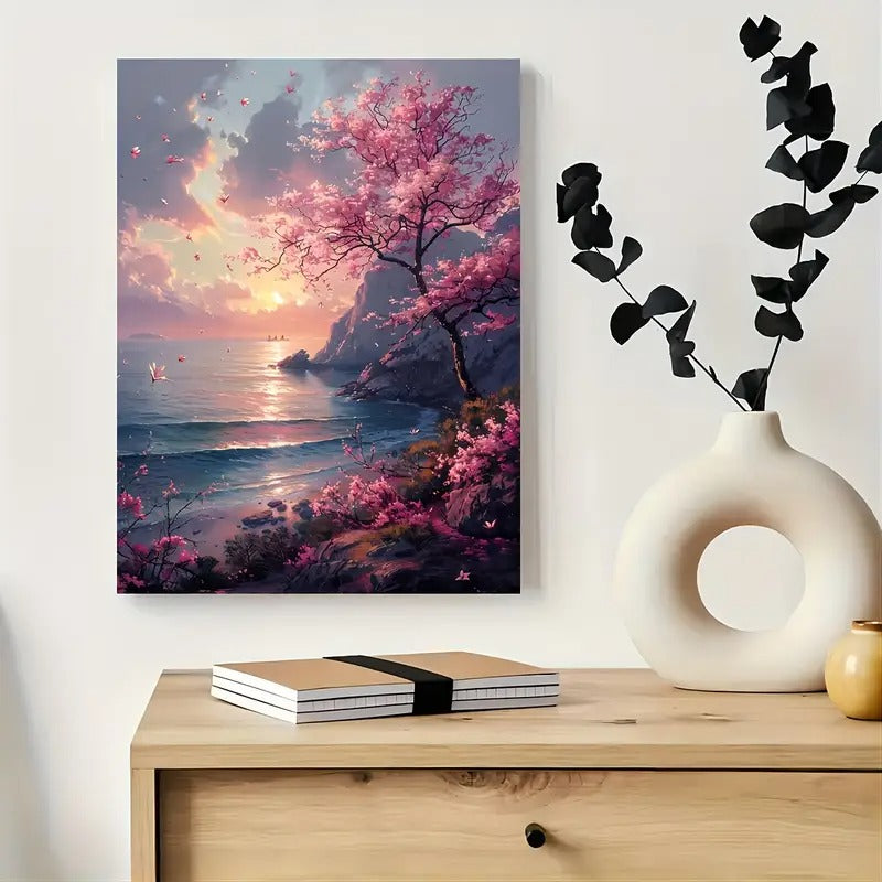 Sunset Seascape with Pink Cherry Blossoms