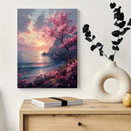 Sunset Seascape with Pink Cherry Blossoms